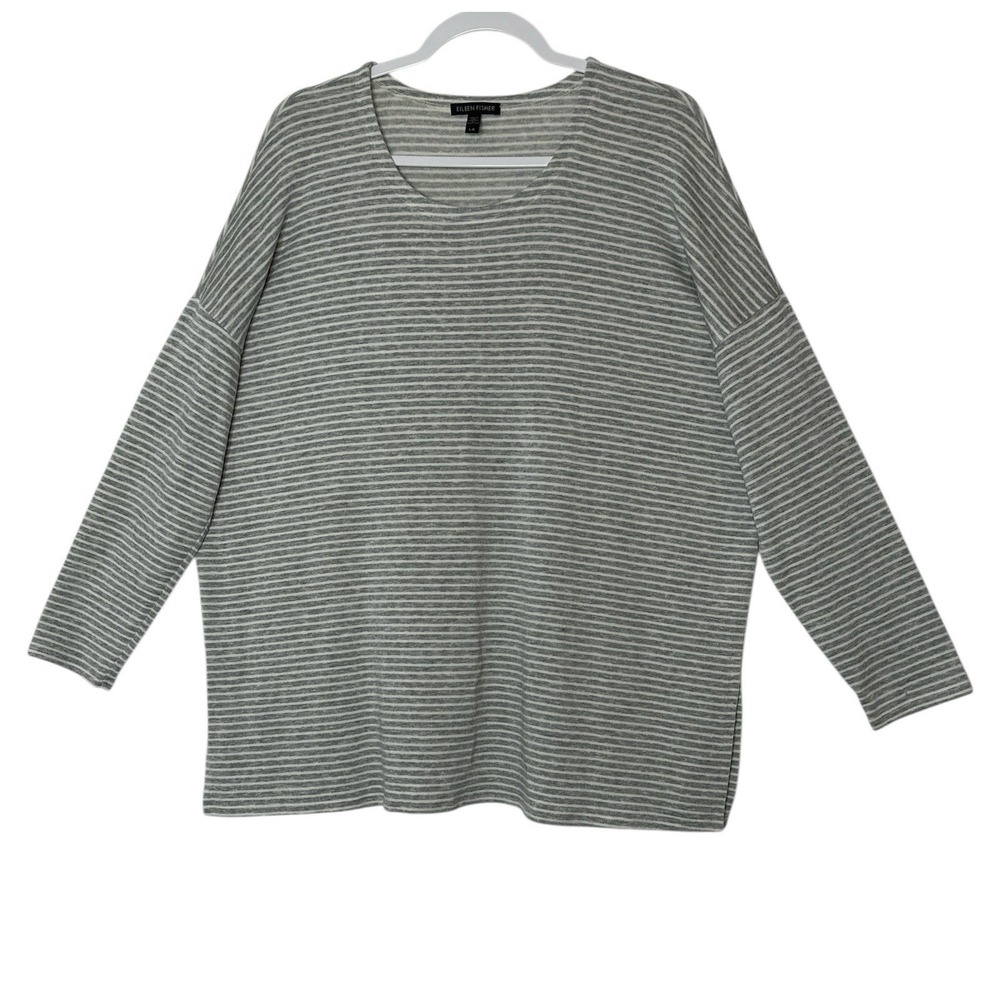 EILEEN FISHER Top Women Large Long Sleeve Gray Stripe Stretch Classic Relaxed